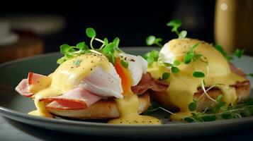Eggs benedict with ham and shaved ham photo
