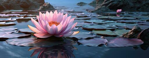 Lake with beautiful water lilies and rocks photo