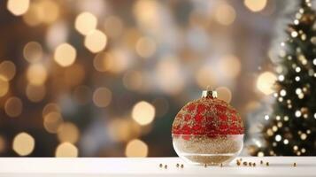 Christmas table background with christmas lights on tabletop photo