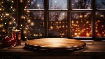 Christmas table background with christmas lights on tabletop photo