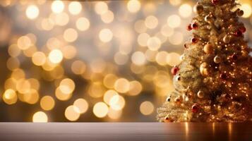 Christmas table background with christmas lights on tabletop photo