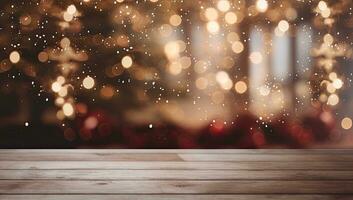 Christmas table background with christmas lights on tabletop photo