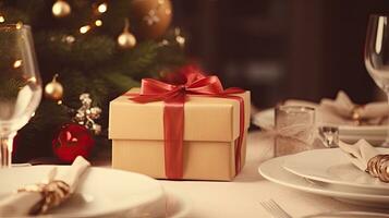 Christmas table with gift boxes photo