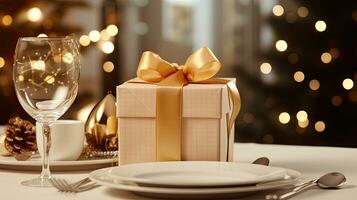 Christmas table with gift boxes photo