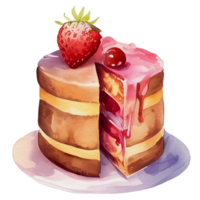 Aquarell Kuchen mit Erdbeere auf Spitze, ai generativ png