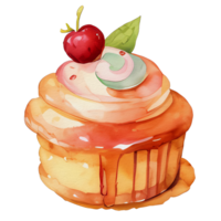 watercolor cupcake with cherry on top, ai generative png