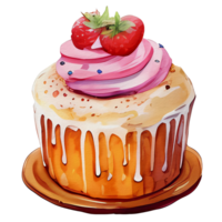 Aquarell Cupcake mit Erdbeere auf Spitze, ai generativ png