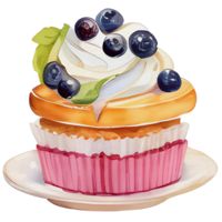 Aquarell Cupcake mit Blaubeere auf Spitze, ai generativ png