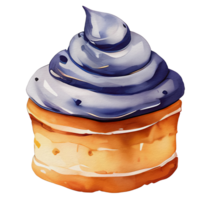 watercolor cupcake tart with purple blue whipped frosting on top, ai generative png