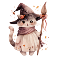watercolor cute halloween cat, cat witch, ai generative png