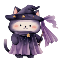 watercolor cute character halloween cat, cat witch, ai generative png