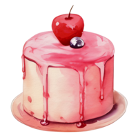 watercolor cake with cherry on top, ai generative png