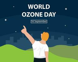 illustration vector graphic of a man pointing up at the sky, showing the layers of the atmosphere, perfect for international day, world ozone day, celebrate, greeting card, etc.