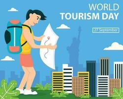 illustration vector graphic of a tourist reading a map pointer, showing skyscrapers in the background, perfect for international day, world tourism day, celebrate, greeting card, etc.