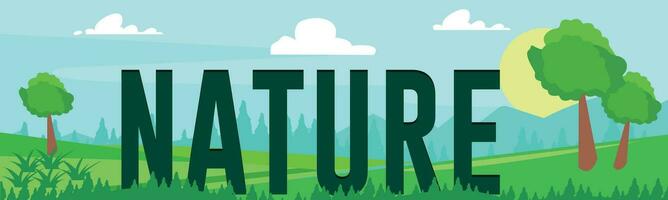 Nature green nature landscape and sun over hills, with clouds on sky. Camp poster with pine forest, and mountains. Web banner for nature and global warming concept. vector