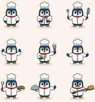 Vector Illustration of Cute Penguin wearing chef uniform. Flat Cartoon Style. Set of Cute Animal Characters in Chef Uniform. Vector illustration in isolated background