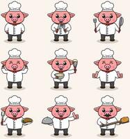 Vector Illustration of Cute Pig wearing chef uniform. Flat Cartoon Style. Set of Cute Animal Characters in Chef Uniform. Vector illustration in isolated background