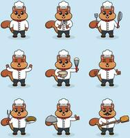 Vector Illustration of Cute Squirrel wearing chef uniform. Flat Cartoon Style. Set of Cute Animal Characters in Chef Uniform. Vector illustration in isolated background