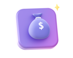 3d render of purple money bag side icon for UI UX web mobile apps social media ads design png