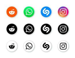 Social media icons set - Reddit, WhatsApp, Shazam, Instagram. Black and white version vector