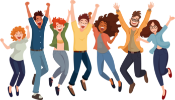 Group of Joyful Diversity Young People in Cheerful Action, Flat Style Cartoon Illustration. Friendship Concept. png