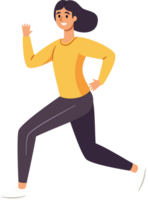 mujer correr, activo y feliz, abrazando un sano estilo de vida, plano estilo dibujos animados ilustración. png