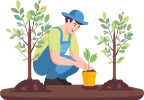 salvar el tierra, hombre plantando un árbol en plano estilo dibujos animados ilustración. tierra y ambiente día. png