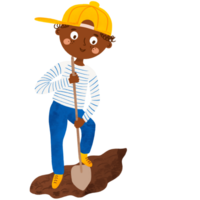 söt liten pojke gräver jord med skyffel. digital vattenfärg tecknad serie illustration isolerat element. barn på de trädgård. png