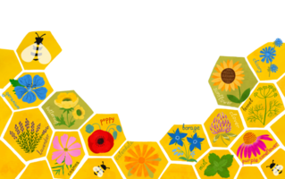 Biene freundlich Blumen auf das Bienenwabe Hintergrund. speichern das Bienen Konzept. Bestäuber freundlich Pflanzen. süß Hand gezeichnet Kinder nicht Fiktion Illustration, Poster, Grenze. Blumen, Honig Biene Poster. png