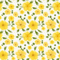 Yellow flower seamless pattern. Summer daisy and buttercup repeat print. Cottagecore textile design. Hand drawn wildflowers on polka dot white background. Floral design for wedding, fabric, paper. png