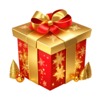 3d rosso regalo scatola con d'oro nastro e Natale albero su trasparente sfondo png