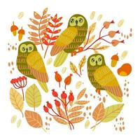 Set with autumn elements such as leaves, owls, berries. Isolated fall coloured elements for stickers, t-shirs printing. vector