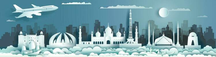 Travel landmark Pakistan with ancient monument and modern building, skyline. vector