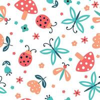Simple kids seamless patterns with flowers, ladybugs, mushrooms and butterfly. vector