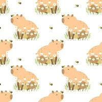 Funny smile capybara with flowers and a bee vector