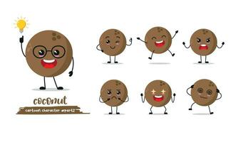 cute coconut cartoon with many expressions. different activity pose vector illustration flat design set.