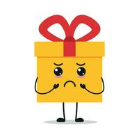 linda melancólico regalo caja personaje. gracioso triste regalo caja dibujos animados emoticon en plano estilo. presente emoji vector ilustración