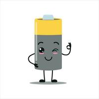 Cute happy battery character. Funny smiling and blink array cartoon emoticon in flat style. power unit emoji vector illustration