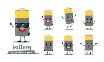 cute battery cartoon with many expressions. different activity pose vector illustration flat design set with sunglasses.