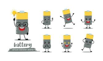 cute battery with many expressions. different activity pose vector illustration flat design set.