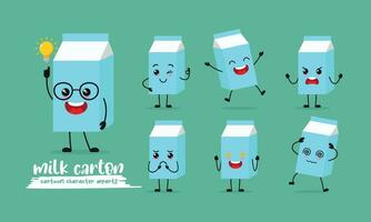 cute milk box cartoon with many expressions. different activity pose vector illustration flat design set.