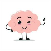 linda contento cerebro personaje. gracioso sonriente y parpadeo cerebro dibujos animados emoticon en plano estilo. encéfalo emoji vector ilustración