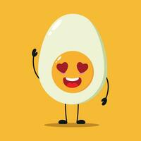 Cute happy half boiled egg character. Funny fall in love egg cartoon emoticon in flat style. food emoji vector illustration