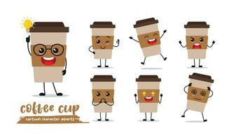 cute coffee cup cartoon with many expressions. different activity pose vector illustration flat design set.