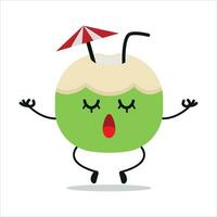 Cute relax slice coconut character. Funny yoga coconut cartoon emoticon in flat style. fruit emoji meditation vector illustration