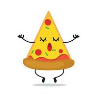 Cute relax pizza character. Funny yoga pie cartoon emoticon in flat style. food emoji meditation vector illustration