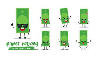 cute paper money cartoon with many expressions. different activity pose vector illustration flat design set with sunglasses.