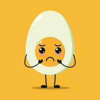 linda melancólico medio hervido huevo personaje. gracioso triste huevo dibujos animados emoticon en plano estilo. comida emoji vector ilustración