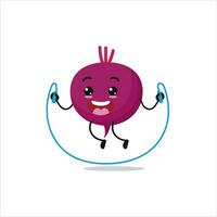 Cute and funny beet doing jumping rope. Vegetable doing fitness or sports exercises. Happy character working out vector illustration.