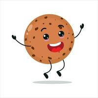 Cute happy cookie character. Funny jump biscuit cartoon emoticon in flat style. bakery emoji vector illustration